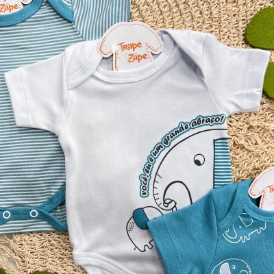 Kit 3 Peças - Bodys Manga Curta Elefantes - Verde e Branco